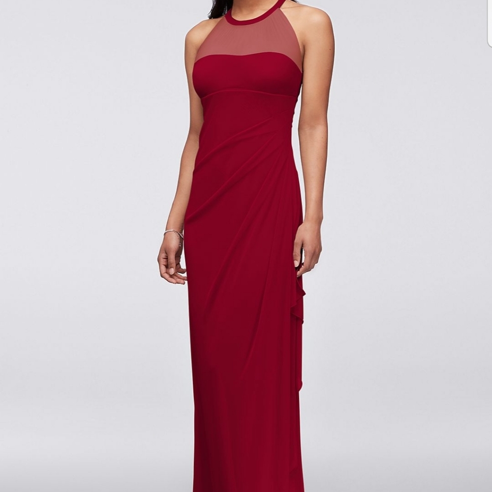 Sleeveless Long Mesh Dress with Illusion Neckline